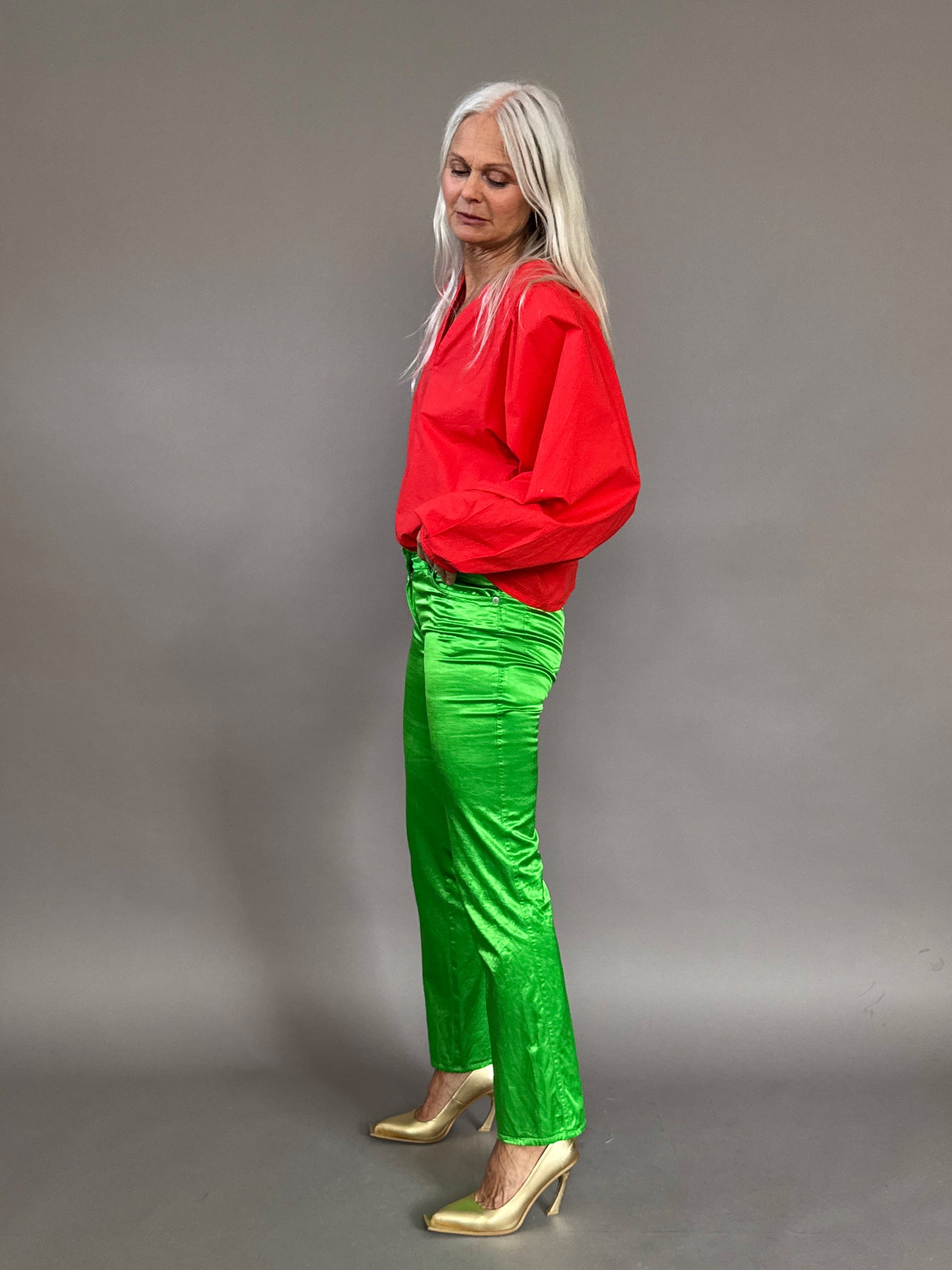 Green satin jeans