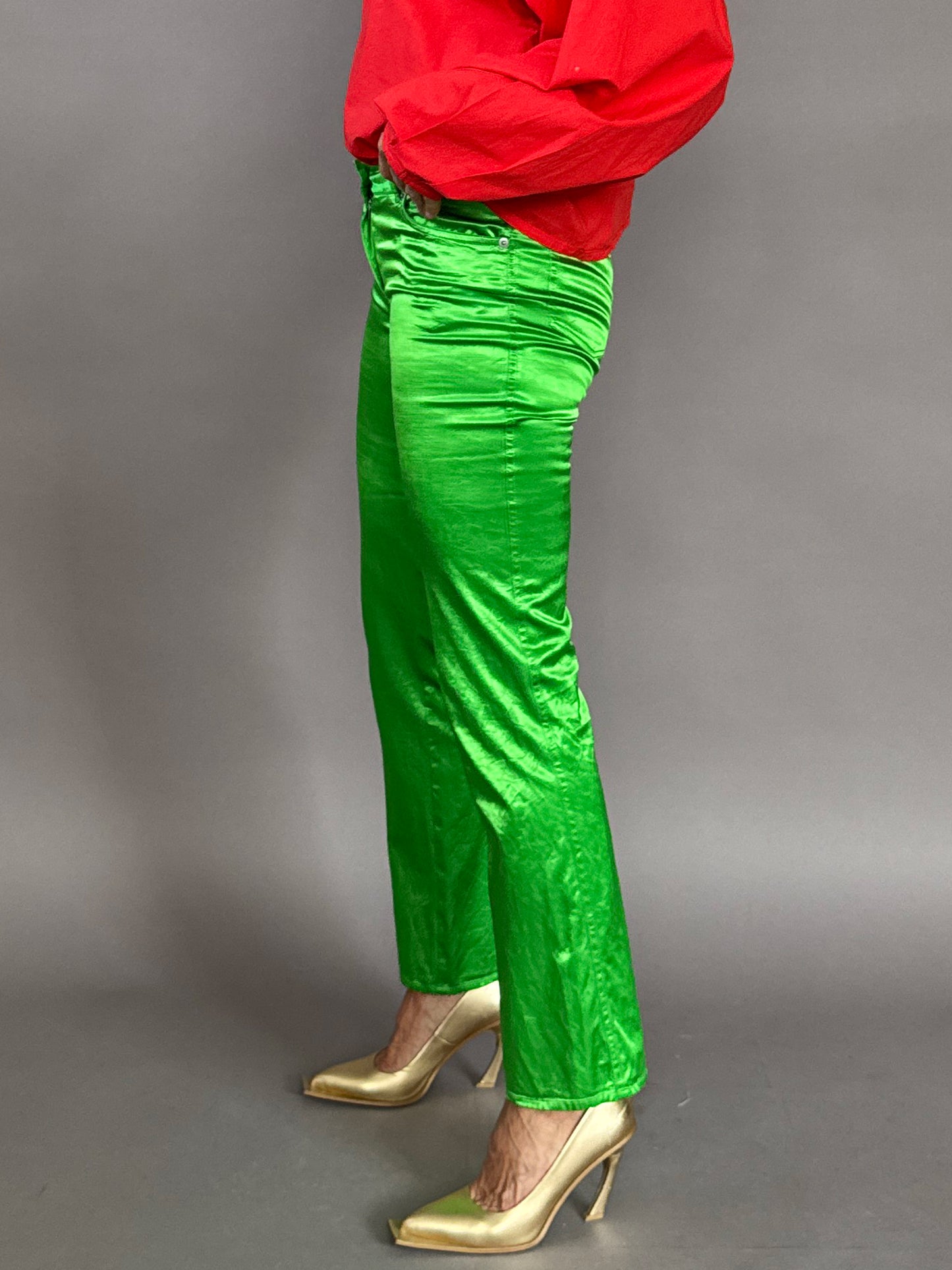Green satin jeans