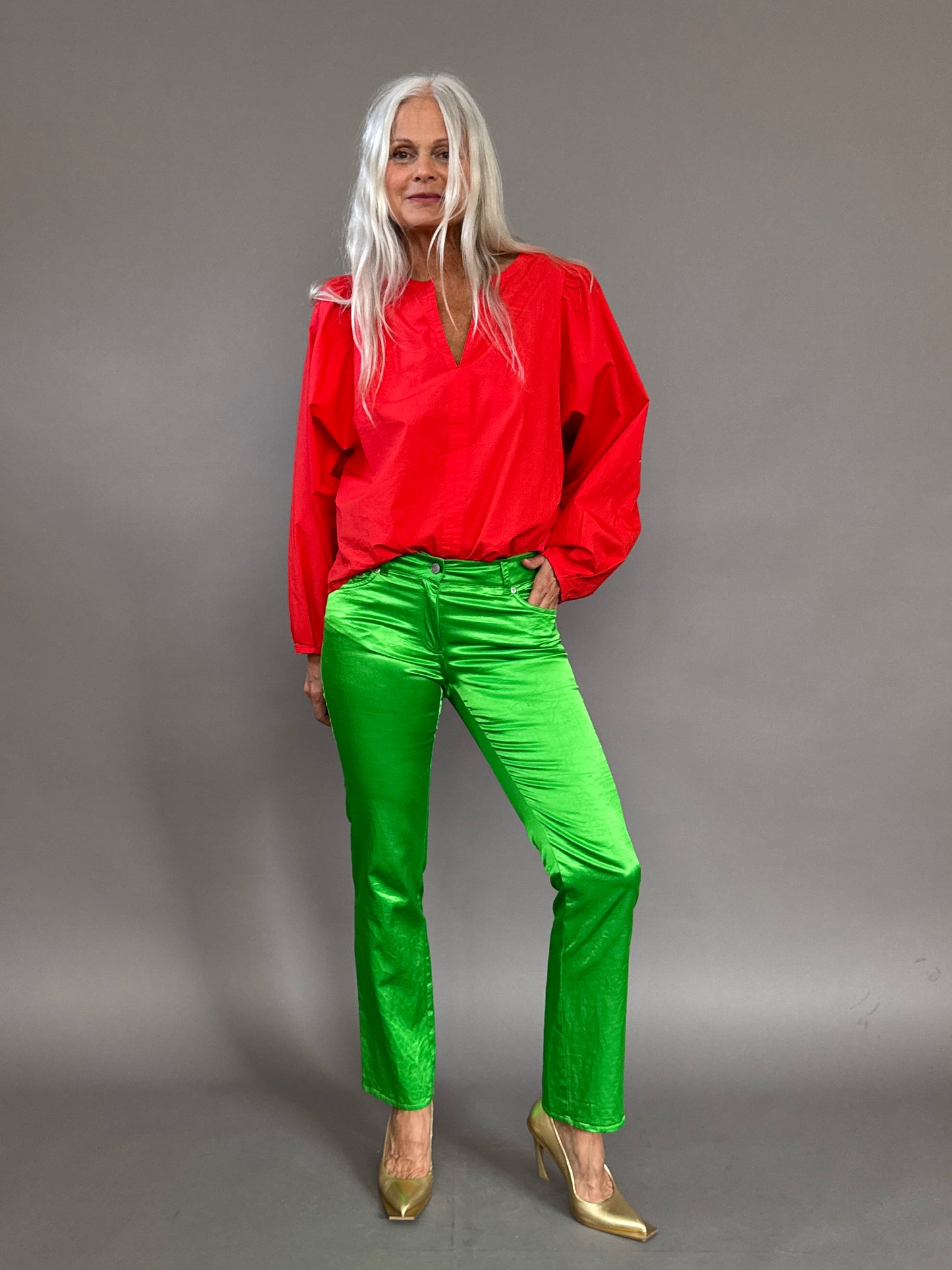 Green satin jeans