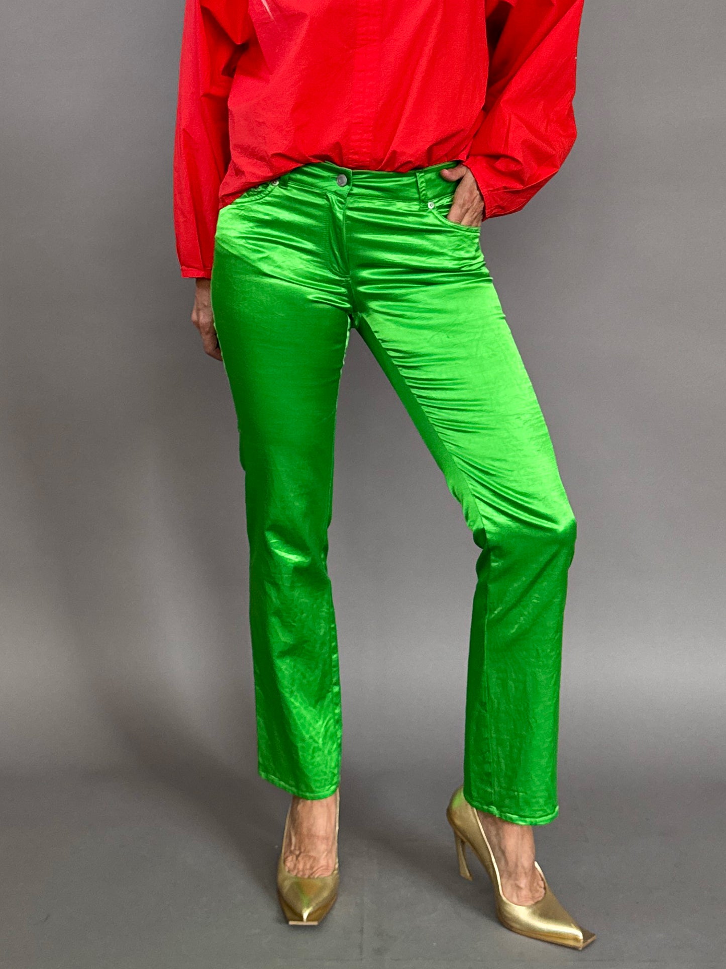 Green satin jeans