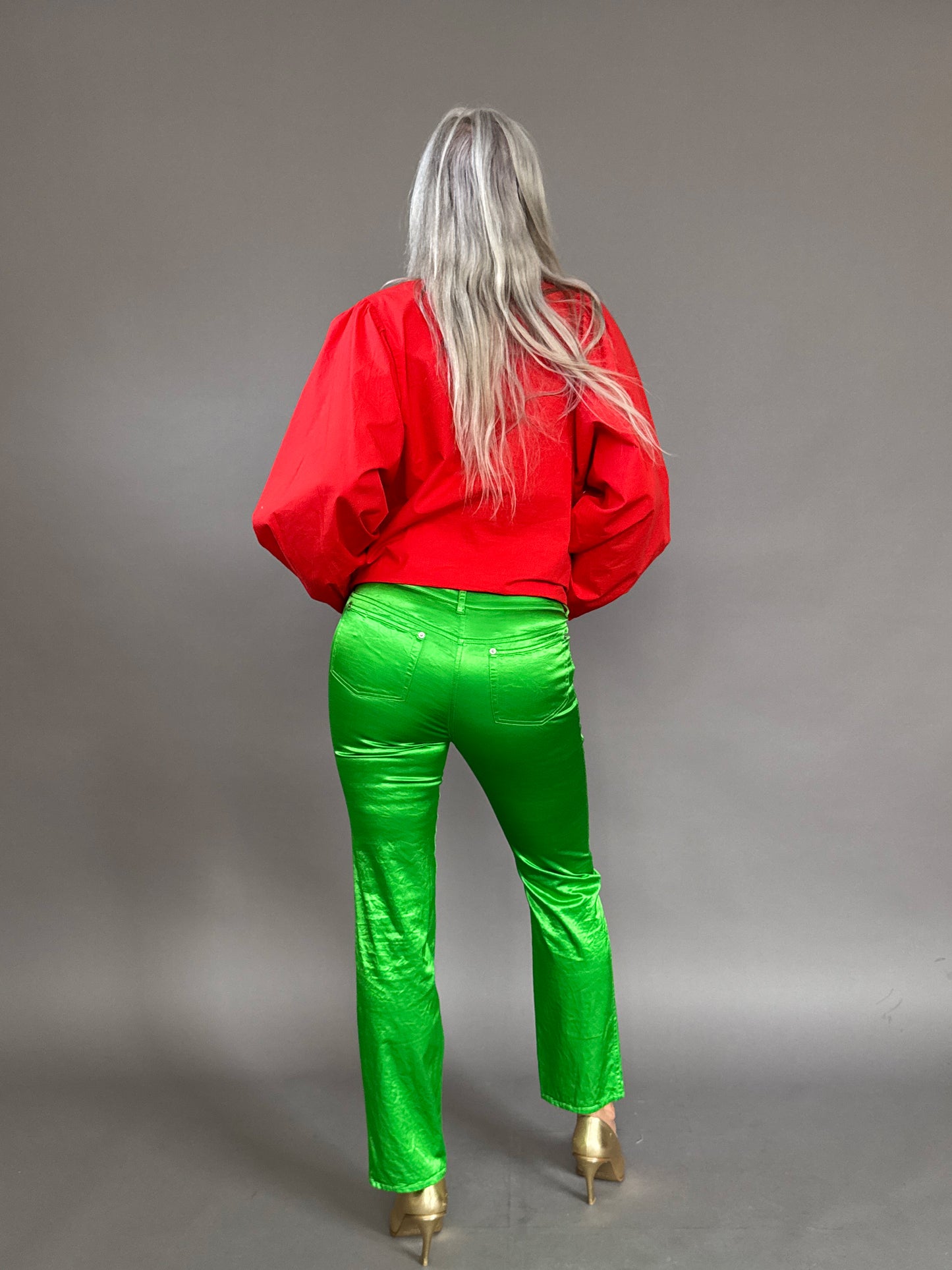 Green satin jeans
