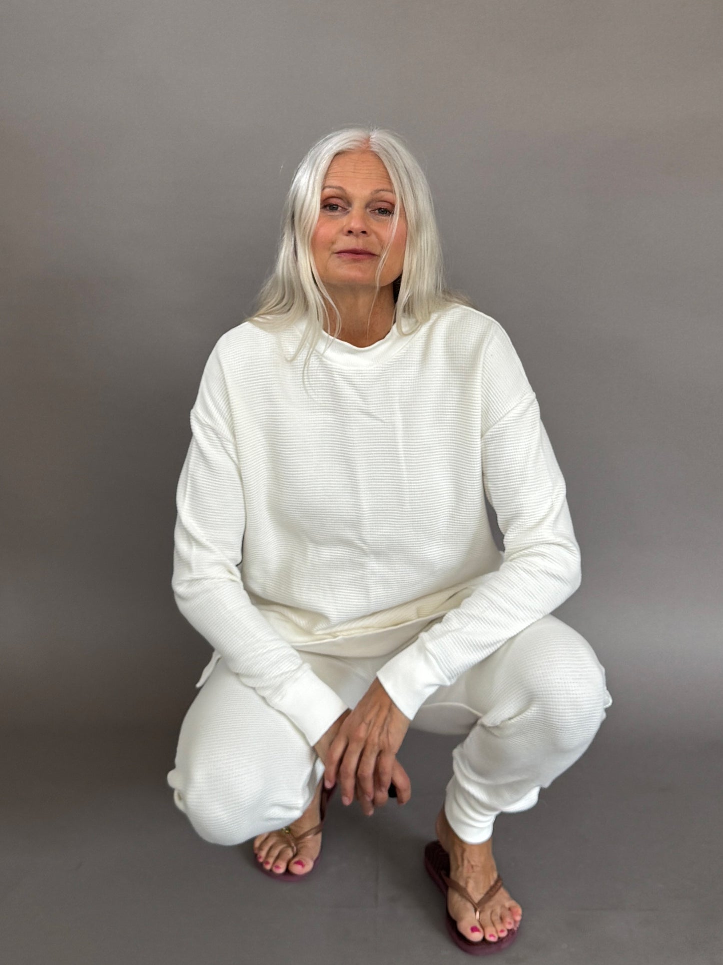 Pique White lounge set from Ripple Yoga
