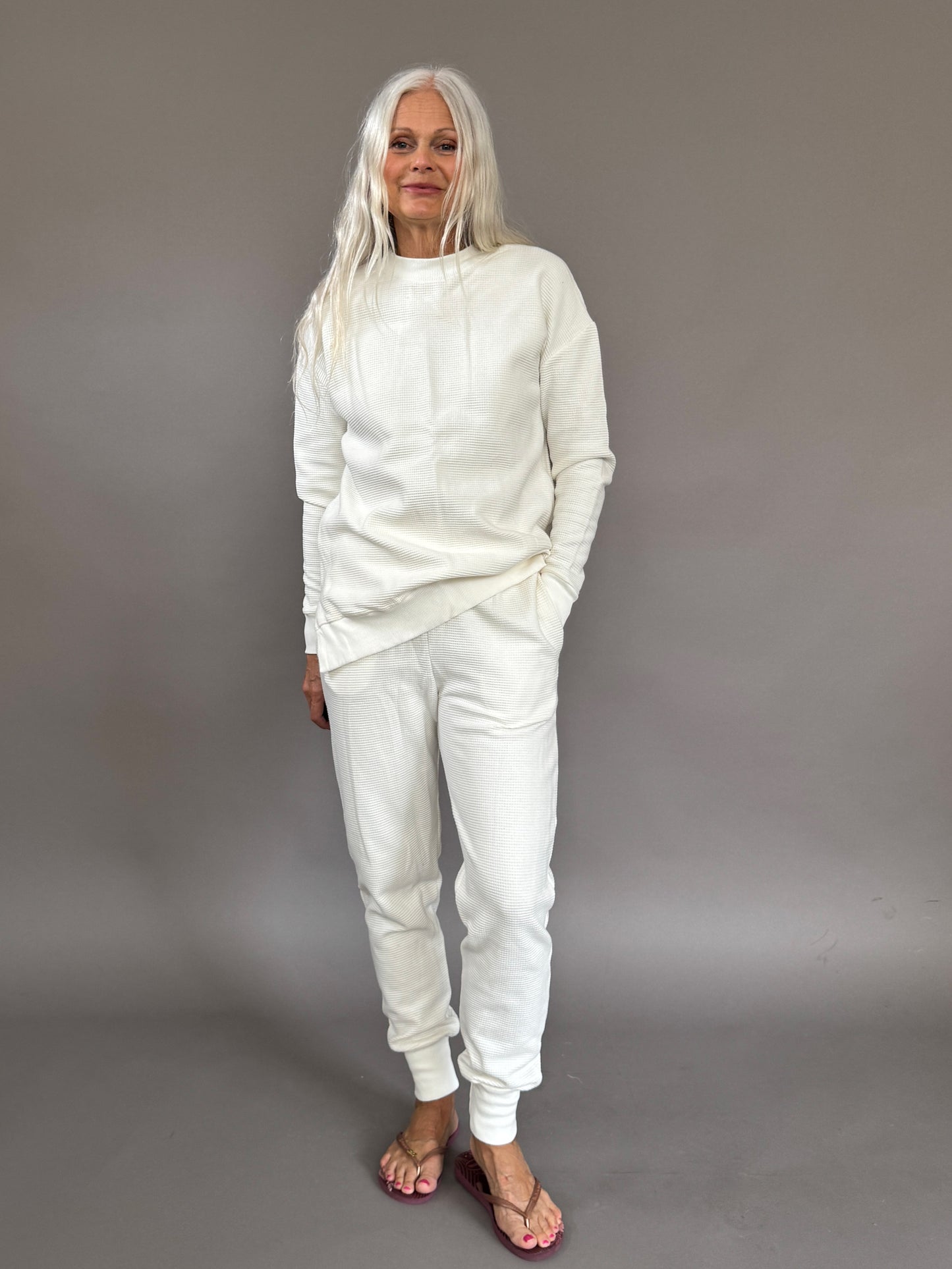 Pique White lounge set from Ripple Yoga