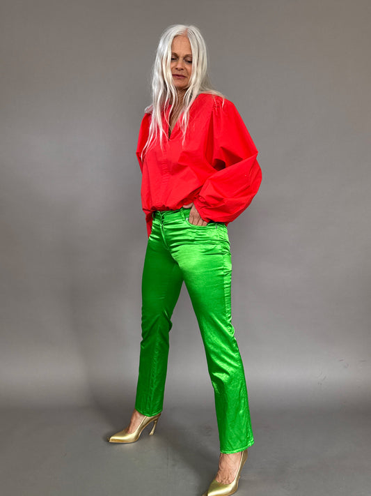 Green satin jeans